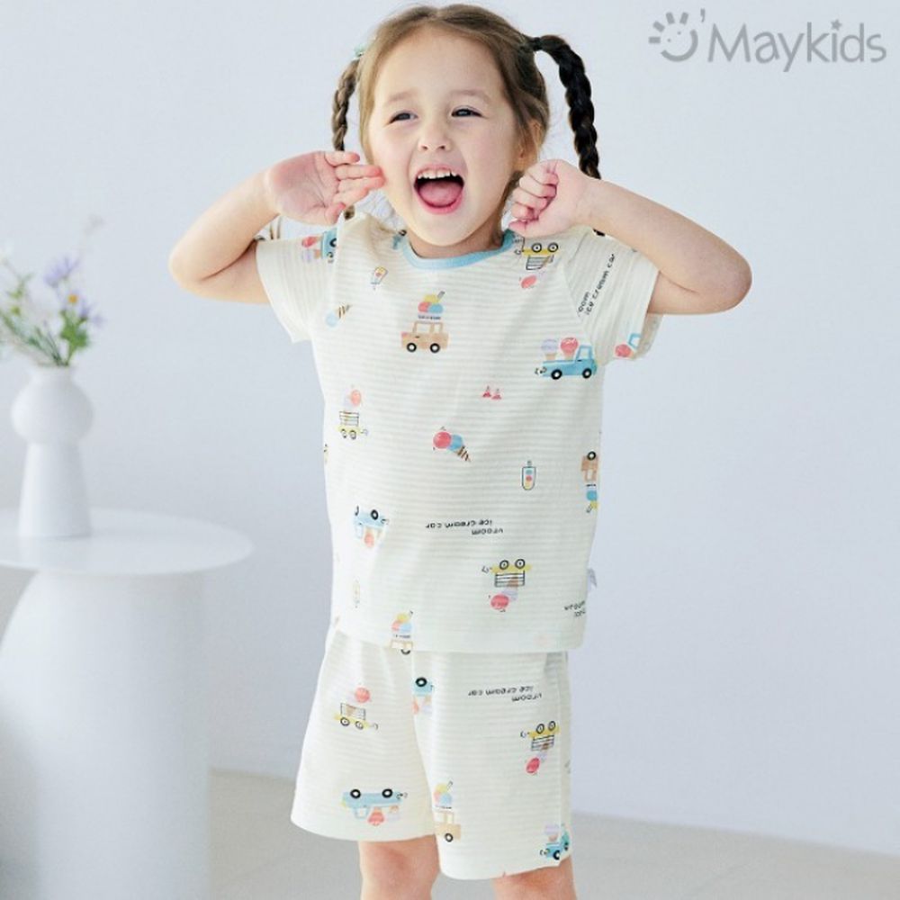透氣條紋提花棉短袖家居服-冰淇淋車車-米黃