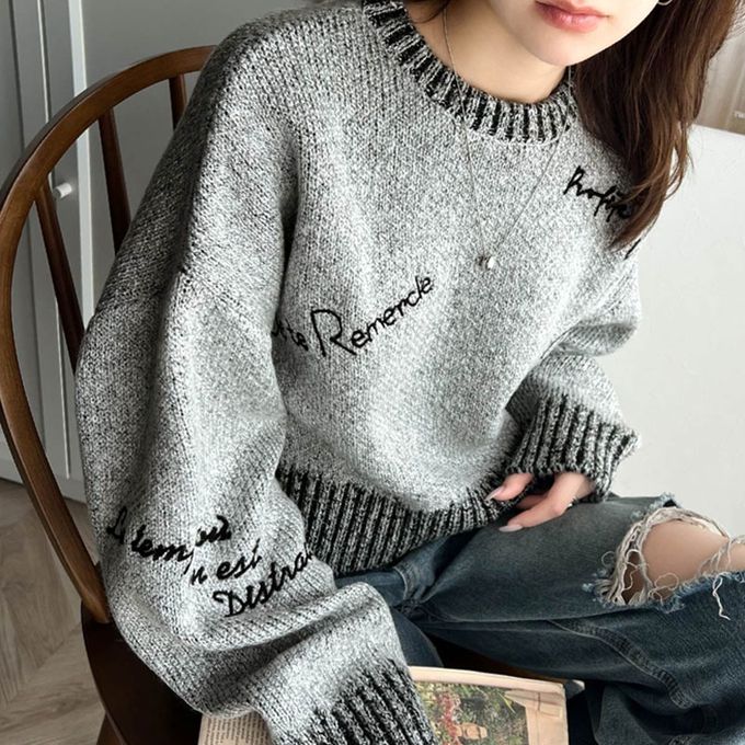 日本 Classical Elf - 英文刺繡時尚配色羅紋毛衣-黑