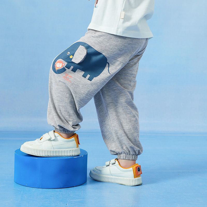 竹節棉束口長褲/防蚊褲-小象與猴子-深藍色