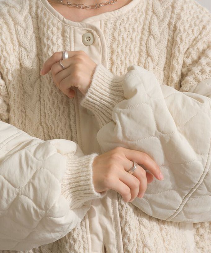 日本 Lupilien - 立體麻花絎縫拼接無領保暖外套-象牙