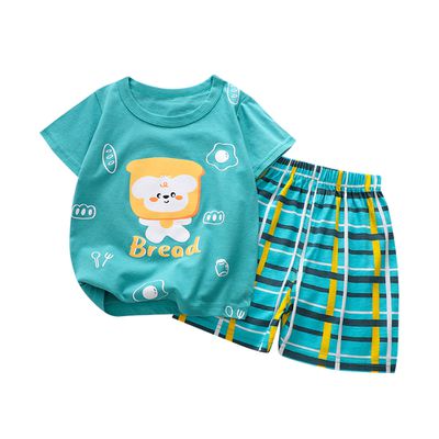 JoyNa - 兒童純棉短袖 兩件式家居服套裝 圓領套裝-湖藍狗狗