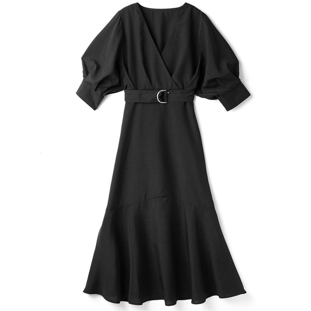 日本 GRL - 優雅光澤腰帶泡泡袖洋裝-簡約黑