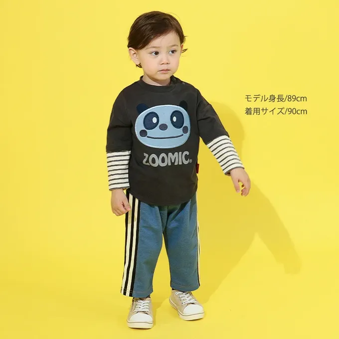 日本 ZOOLAND - 背後熊熊logo側條紋休閒長褲-中藍