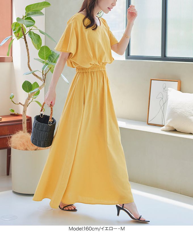 日本 Kobe Lettuce - 亞麻度假感V領修身束腰洋裝-活力黃 (M)