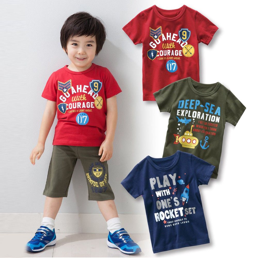 日本 Nissen - 男孩個性圖案印花短袖T恤三件組-徽章+潛水+火箭-卡其色+深藍色+紅色