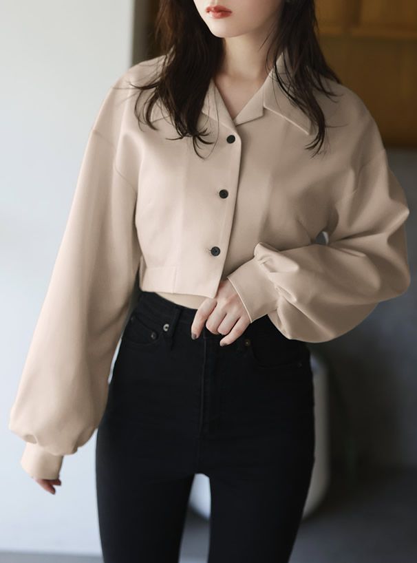 日本 GRL - 短版大翻領澎袖襯衫-淺杏