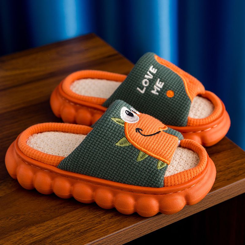 兒童室內厚底雅麻拖鞋-大眼睛恐龍-橘色