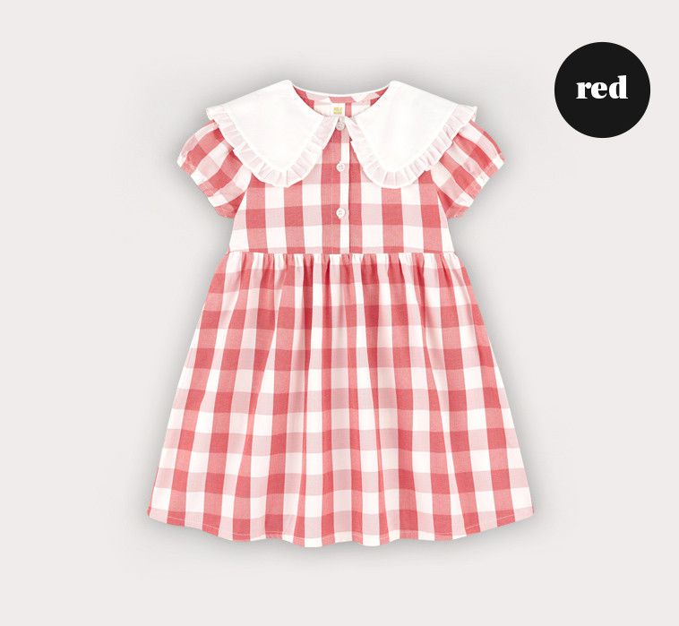 韓國 HEJMINI - 荷葉白領紅格子收腰洋裝-紅