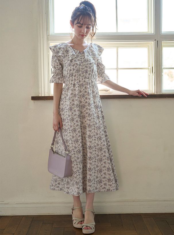 日本 GRL - 浪漫滿屋荷葉袖雪紡碎花洋裝-象牙杏