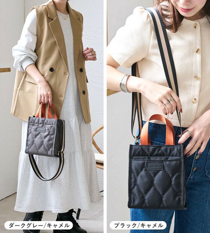 日本 LIZDAYS - 防潑水 輕巧絎縫方形側背小包-米白x棕