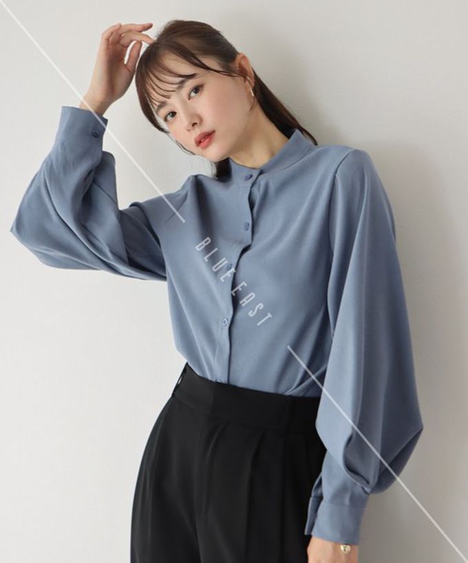 日本 BLUE EAST - 知性小立領澎澎氣球袖襯衫-黑