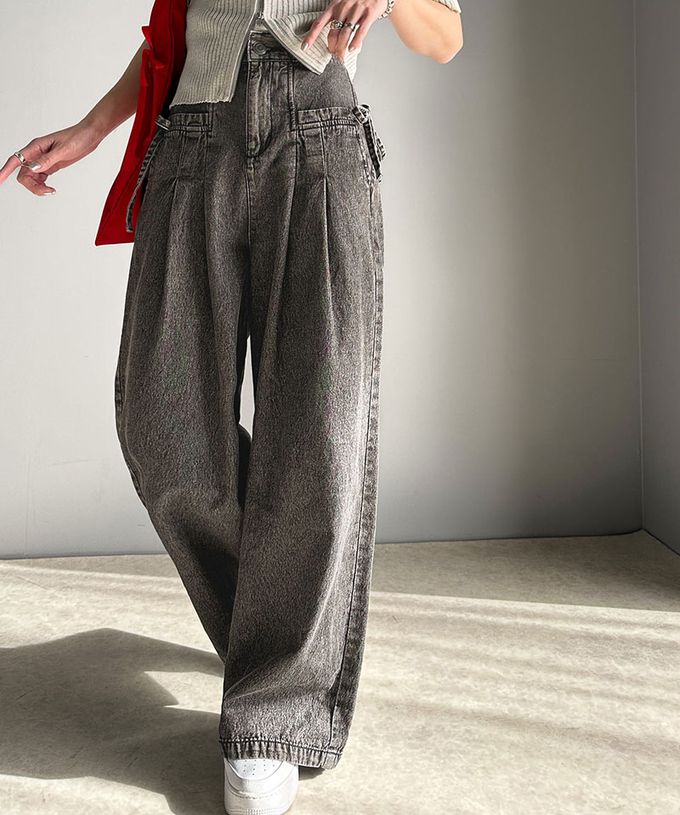 日本 Classical Elf - 側蝴蝶結純棉丹寧摺線寬褲-(環保材質)-淺藍