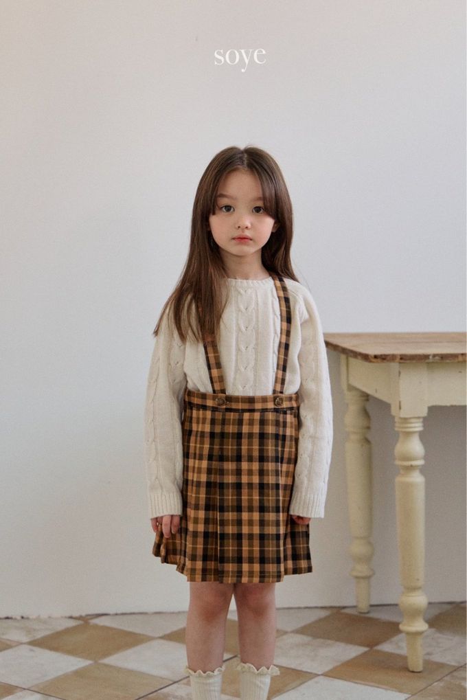 韓國 soye - 學院風格紋吊帶百褶裙-橘