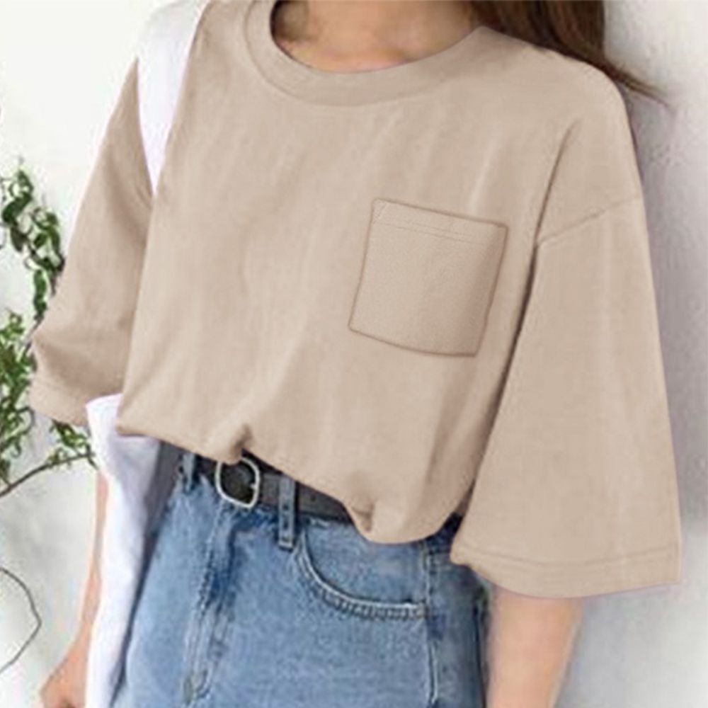 胸前口袋百搭短袖上衣-淺卡其 (F)