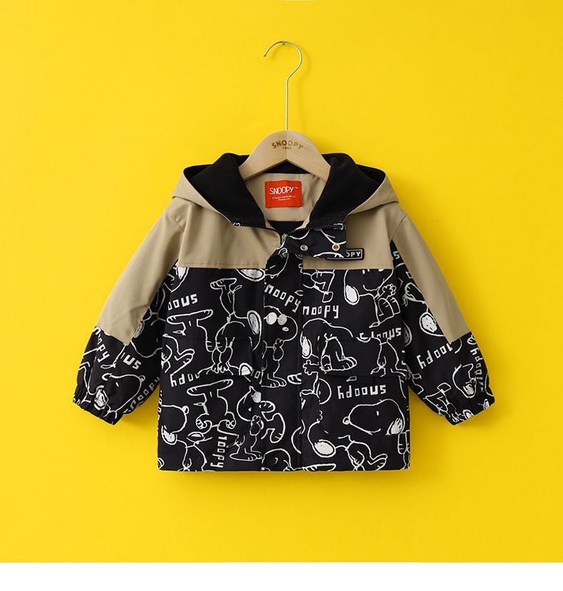 卡通人物史努比加絨連帽防風外套/衝鋒外套-滿印SNOOPY-藍綠色
