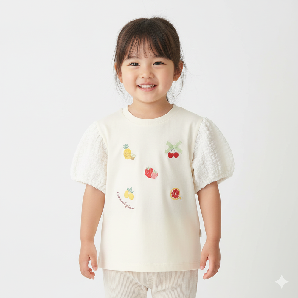 短袖T恤-蓬蓬袖-象牙白色