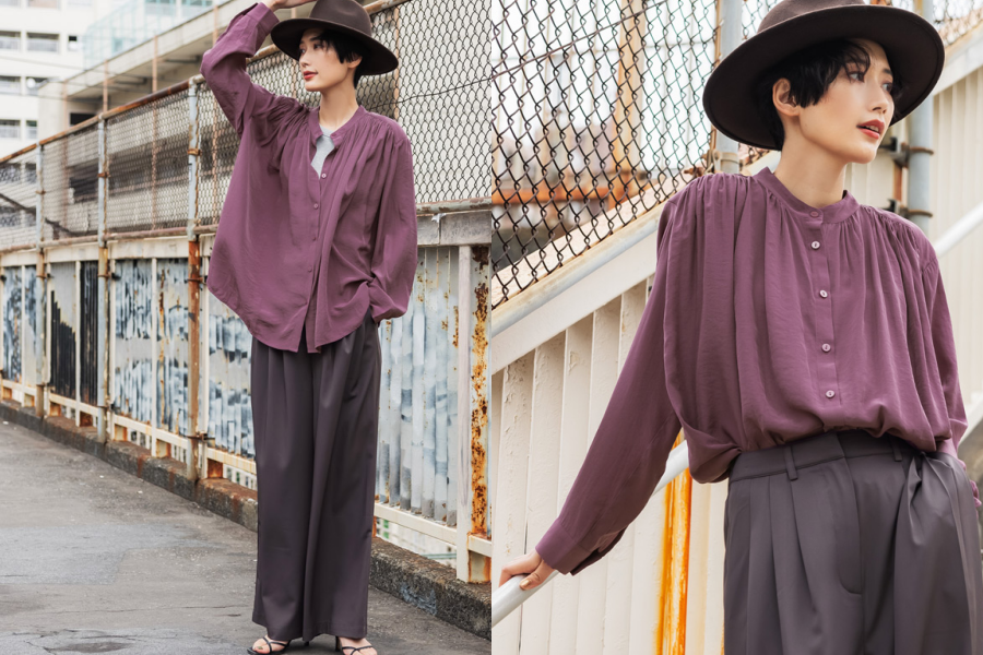 日本 COCA - 光澤感抓皺雪紡圓領長袖襯衫-紫