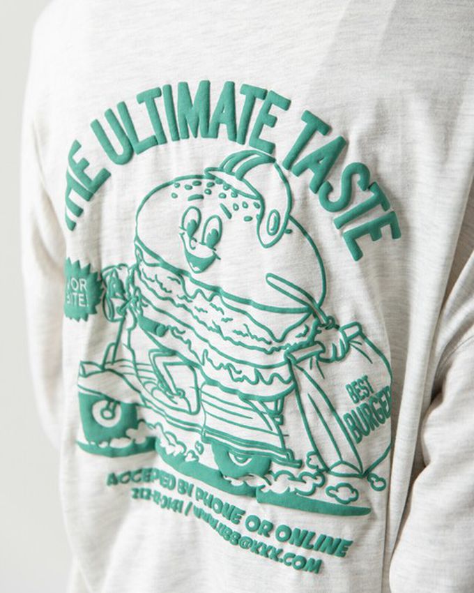 日本 gleam - 俏皮美式漢堡泡棉印花長袖T恤-白x粉紅