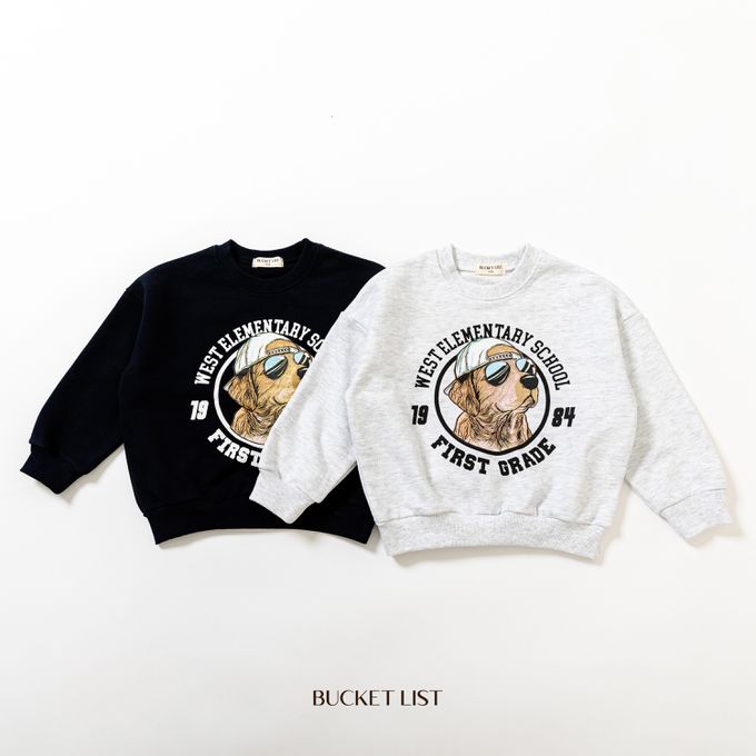 韓國 BUCKET LIST - 美式休閒圓領長袖大學T-墨鏡狗狗-灰白