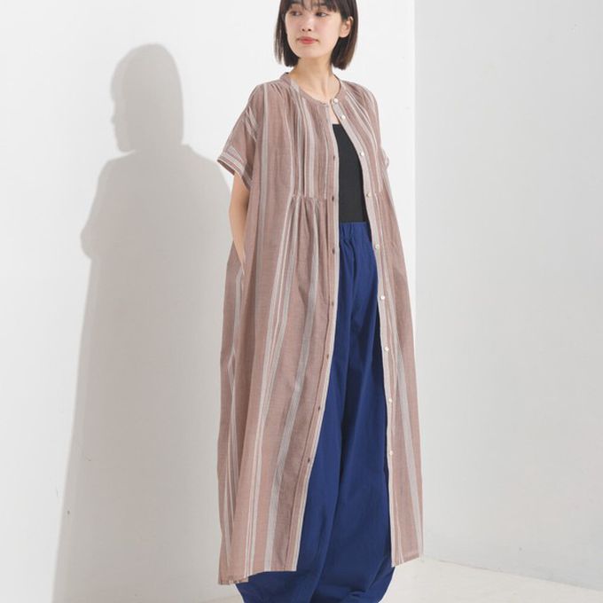 日本 OMNES - 100%印度棉 襯衫式印花短袖洋裝-紫版滿花