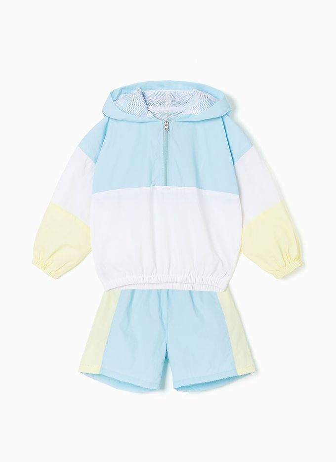 韓國 OZKIZ - 運動風網眼內襯長袖短褲套裝-黃X白X粉