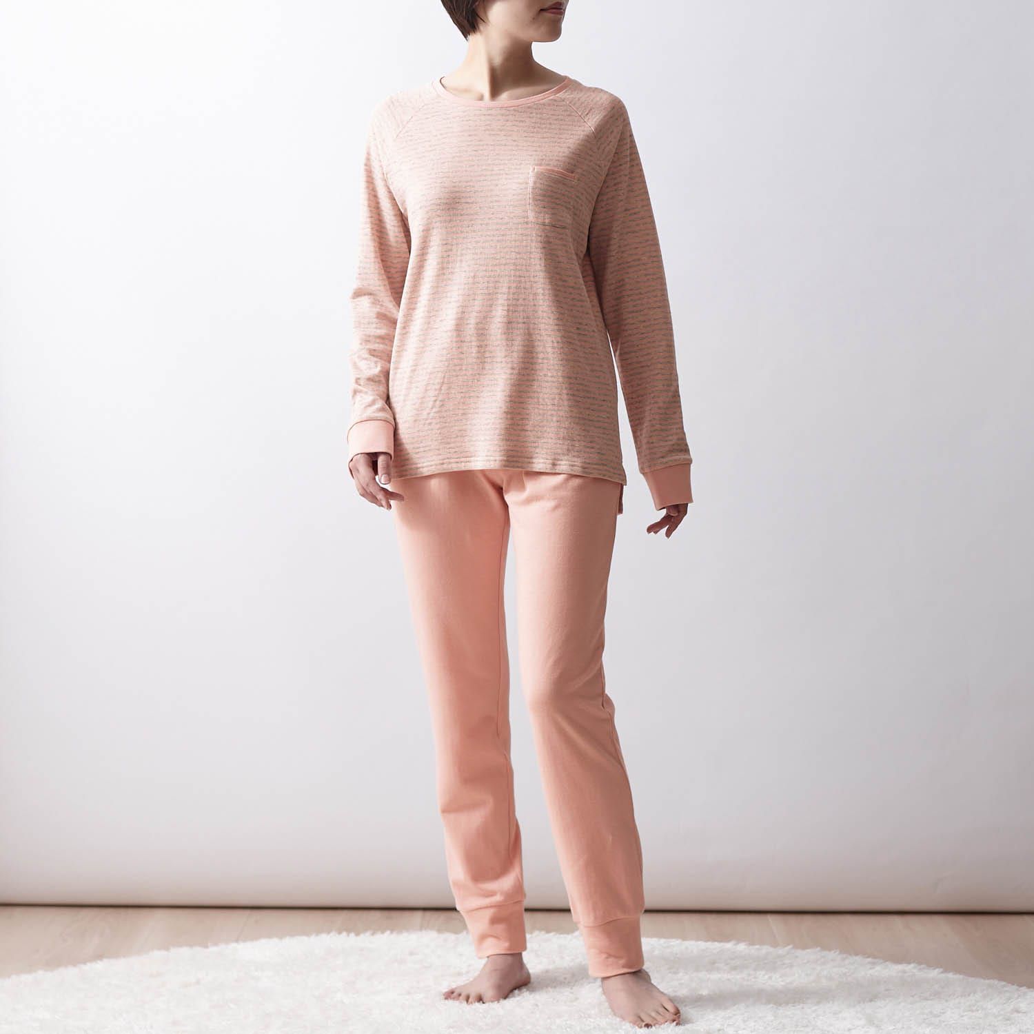 日本千趣會 - 100%棉 舒膚發熱家居服/睡衣-媽媽-條紋橘粉