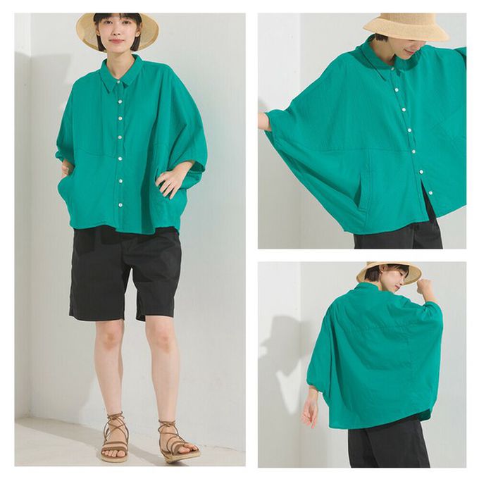 日本 OMNES - 100%印度棉 柔軟透氣寬袖襯衫(附口袋)-炭黑