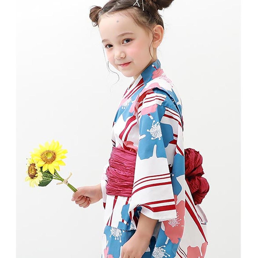 日本 devirock - 純棉夏日祭典花朵浴衣兵兒帶2件組-繁盛花朵-粉x紅