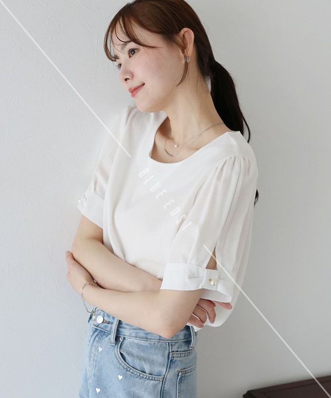 日本 BLUE EAST - 珍珠袖扣亞麻感氣質短袖上衣-白 (M)