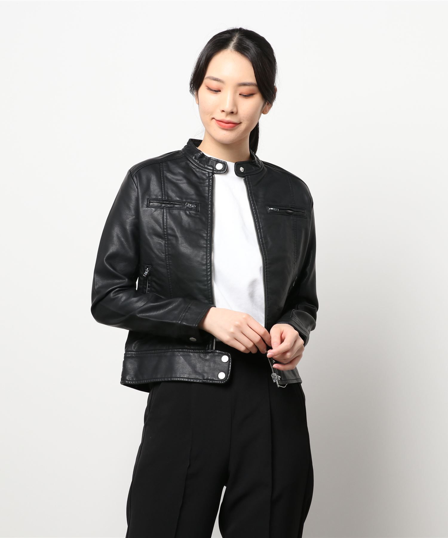 日本 Riche Glamour - 帥氣仿皮皮衣-上下釦-焦糖