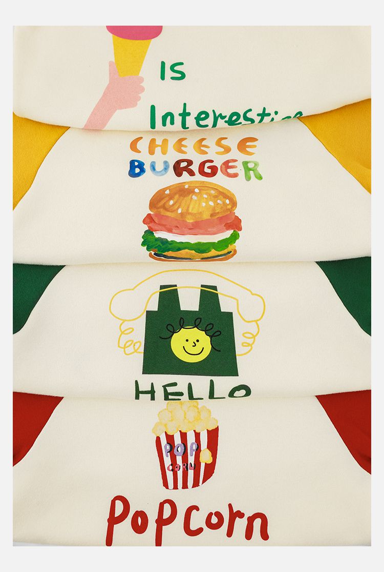 TONGMO - (加絨)卡通圓領保暖長袖上衣/大學T-漢堡-黃+米白