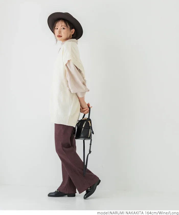 日本 COCA - 秋冬款燈芯絨百搭寬褲-酒紅
