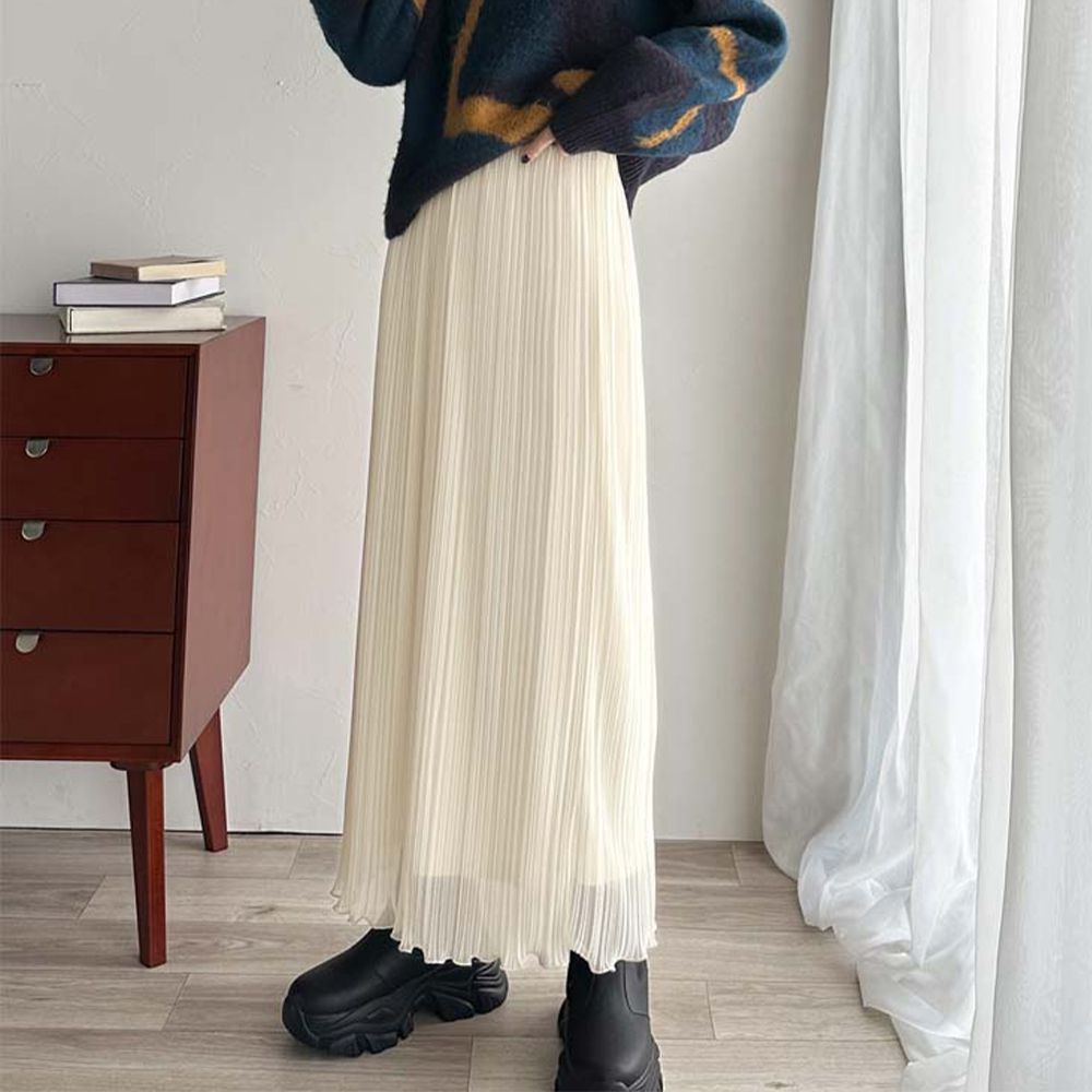 光澤輕盈優雅細百褶長裙-象牙