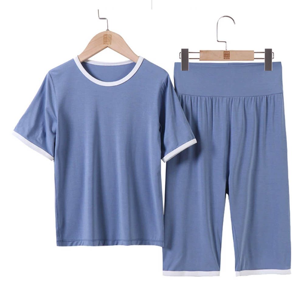 高腰護肚短袖套裝/家居服-藍灰色