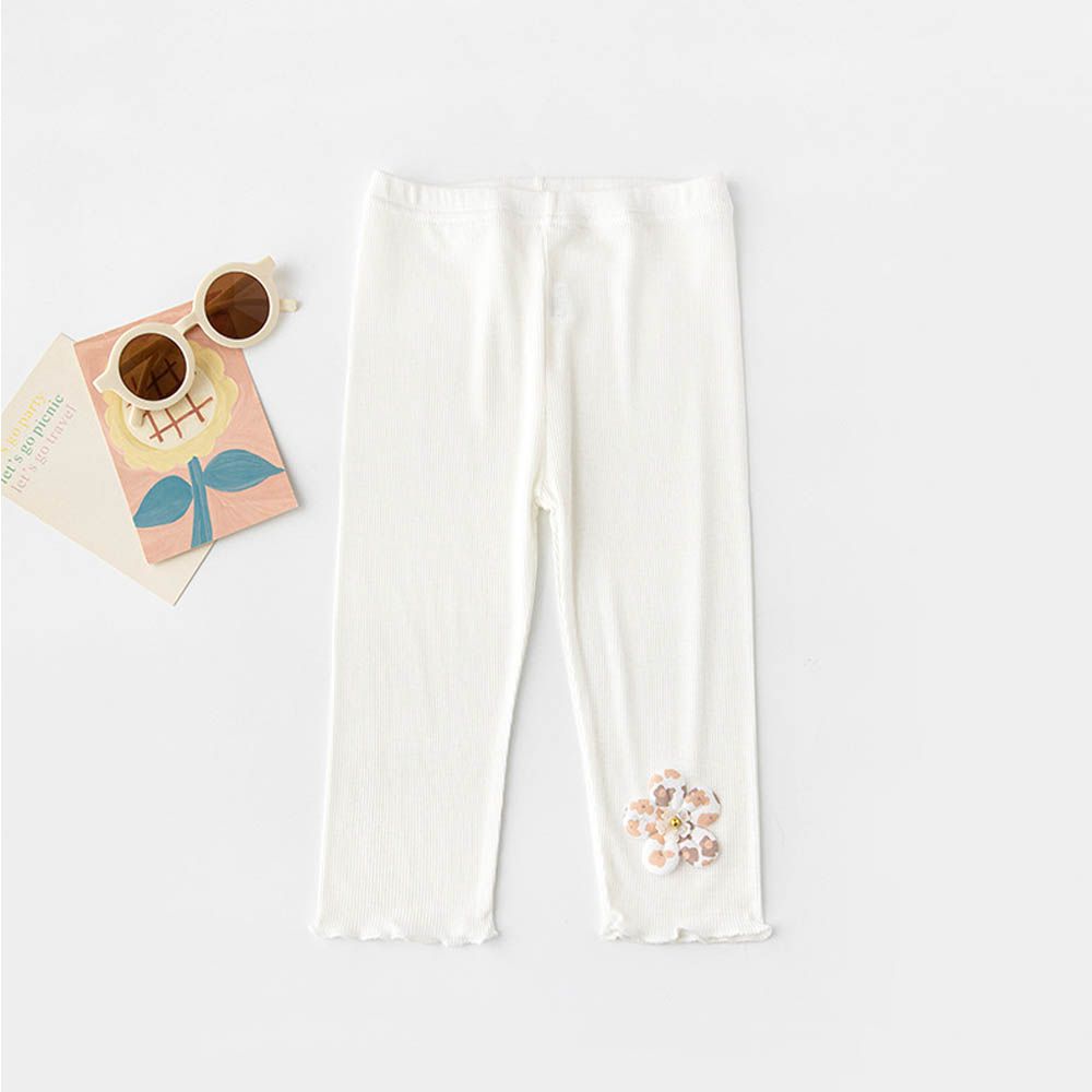 涼感七分內搭褲-漂亮花朵-白色