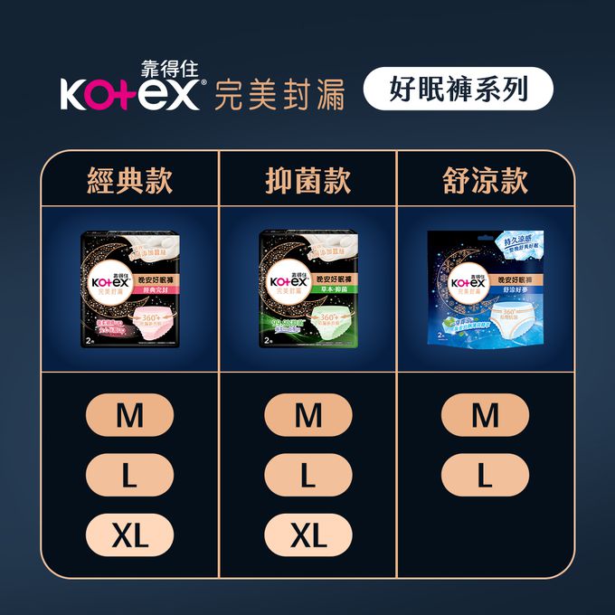 Kotex  靠得住 - 舒涼好眠褲(晚安冷氣褲) 褲型衛生棉 M 號 2片 x 12 包/箱