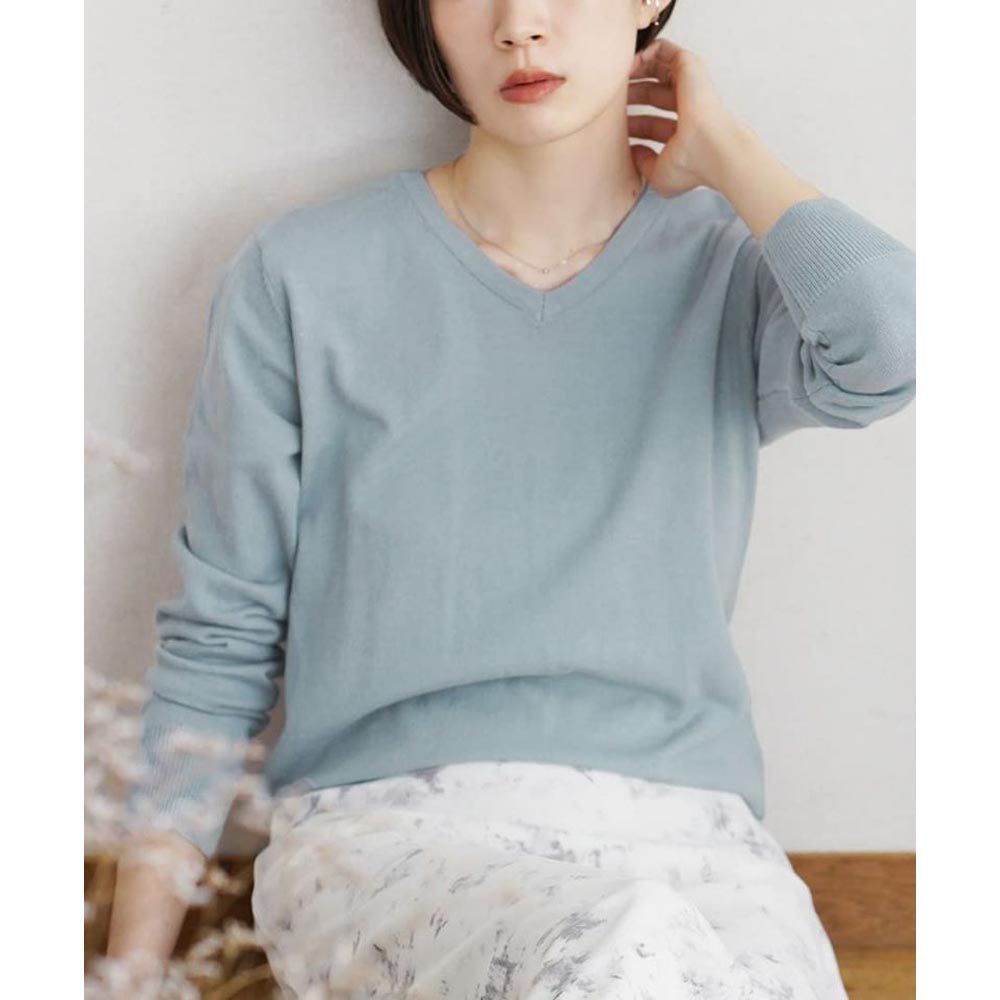 日本 zootie - 100%棉 輕盈柔軟薄針織上衣-V領-寶貝藍