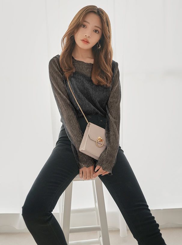 日本 GRL - 金蔥透膚捲邊上衣X細肩帶背心兩件組-星塵粉