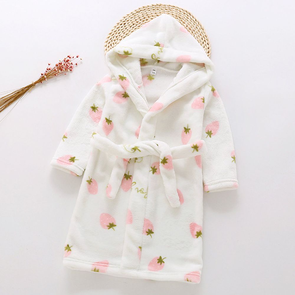 超柔軟珊瑚絨浴袍睡衣-白色草莓