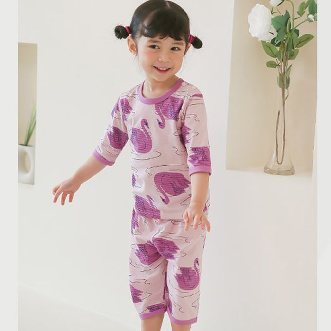 正韓 Puco - 超優質嬰幼兒/兒童七分袖100% 有機純棉家居服/睡衣-優雅天鵝