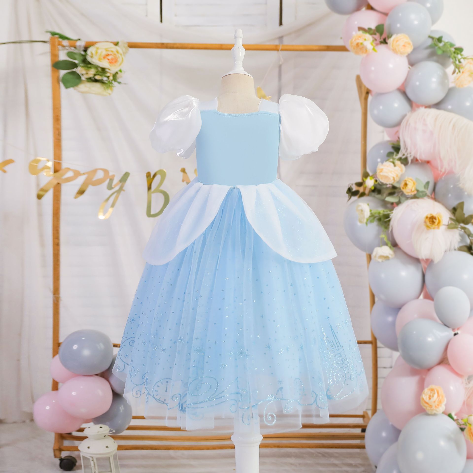 灰姑娘公主袖網紗洋裝-溫柔藍