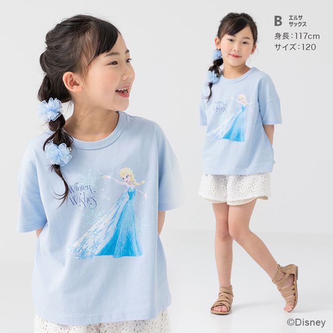 日本 Chil2 - 聯名款 100%棉印花短袖上衣-卡通人物艾莎-水藍