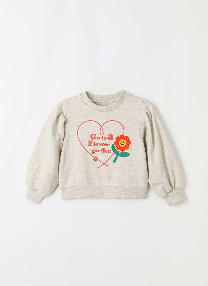 韓國 OZKIZ - 毛絨花點綴抓褶長袖大學T-燕麥灰