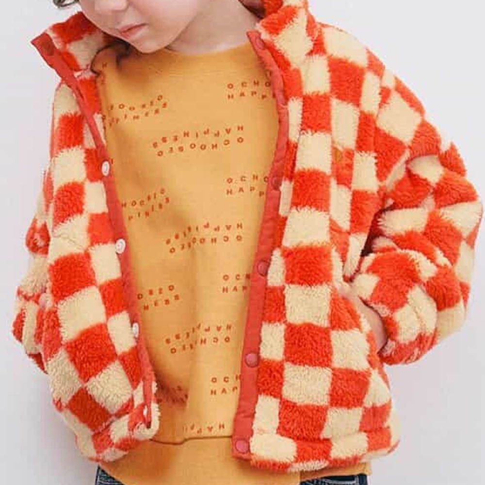 繽紛感印花絨毛保暖外套-格子-橘紅X白