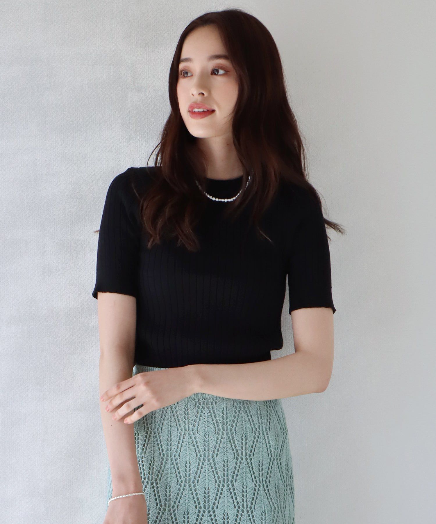 日本 BLUE EAST - 彈性寬羅紋薄針織短袖上衣-淺粉x白