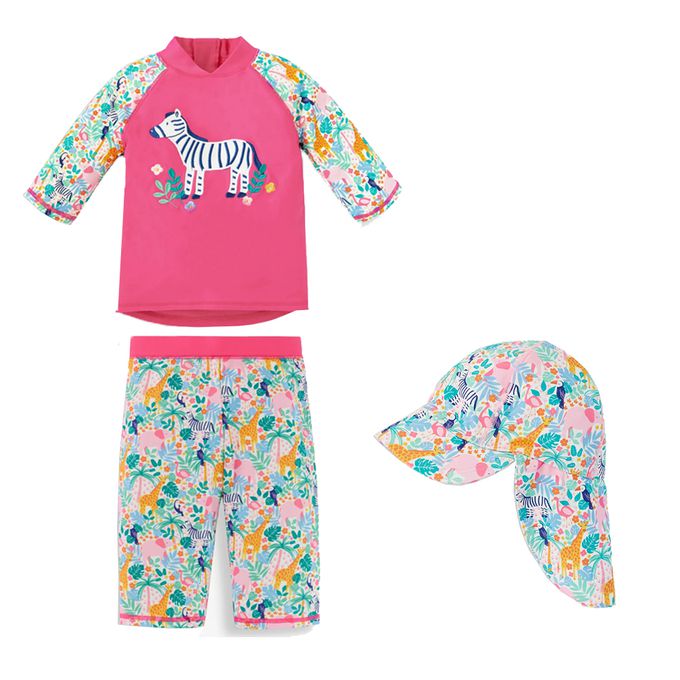 英國 JoJo Maman BeBe - 兩件式泳裝+防曬護頸遮陽帽-花園斑馬_JJH1331+七彩花園_JJH1334