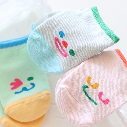韓國 Kokacharm - 兒童短襪/襪子三入組-笑臉-藍綠X粉橘
