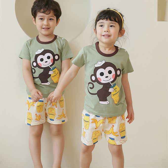 正韓 Puco - 超優質嬰幼兒/兒童短袖100% 有機棉家居服/睡衣-猴子喝香蕉牛奶