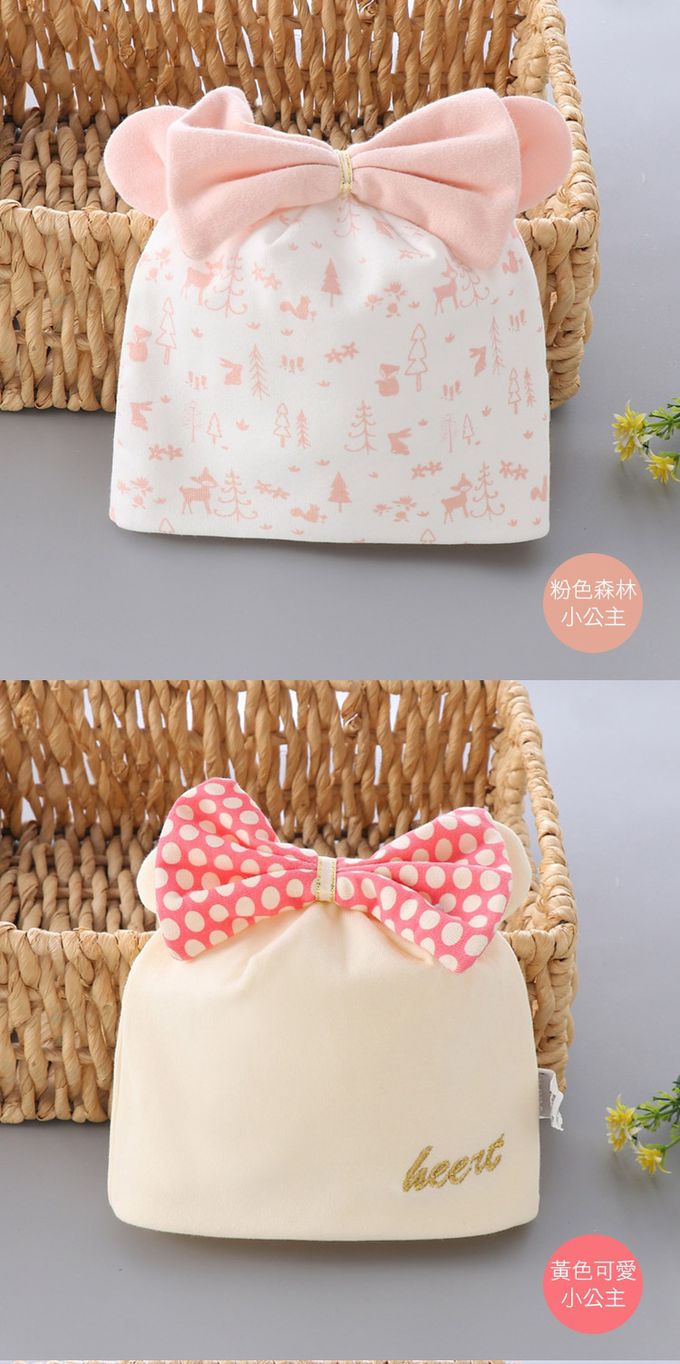 JoyNa - 2入-新生兒胎帽 小青蛙眼睛造型 蝴蝶結童帽-粉色森林小公主+隨機一入 (適戴頭圍約36-45cm)