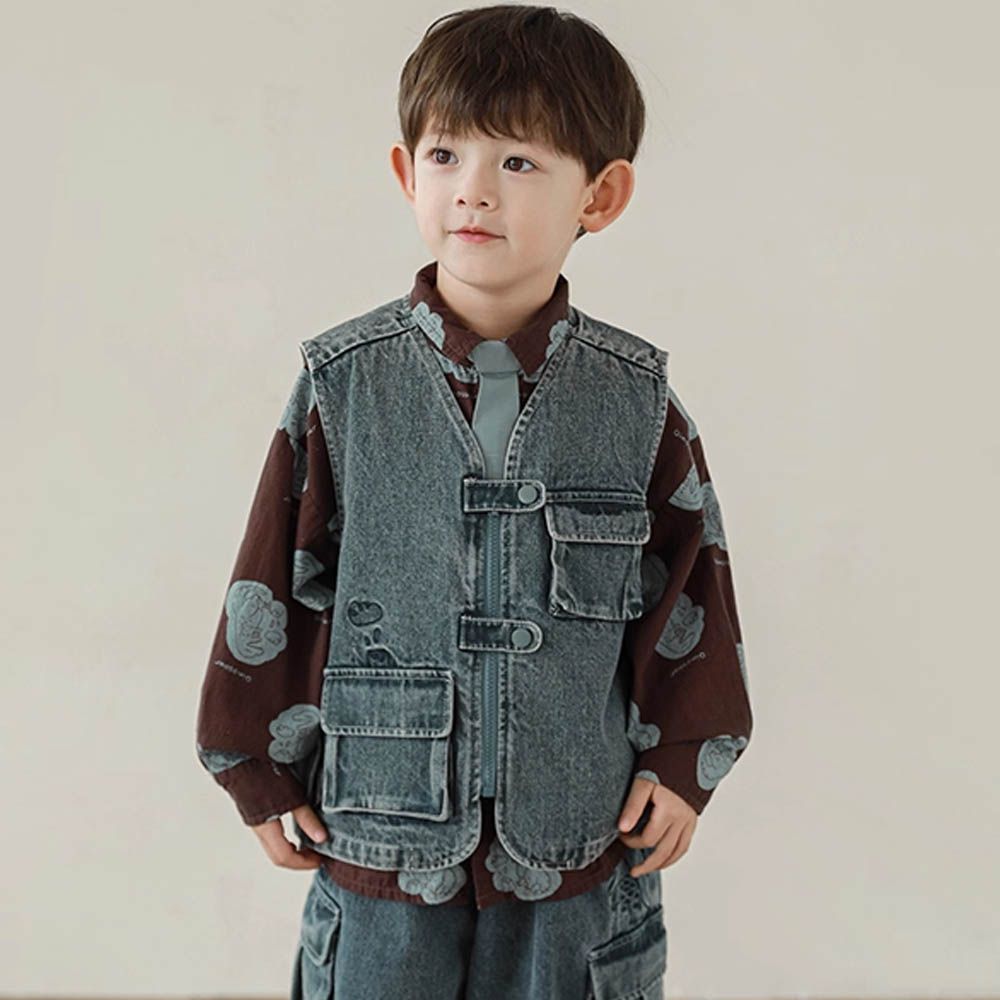 休閒工裝口袋牛仔背心-恐龍-水洗藍